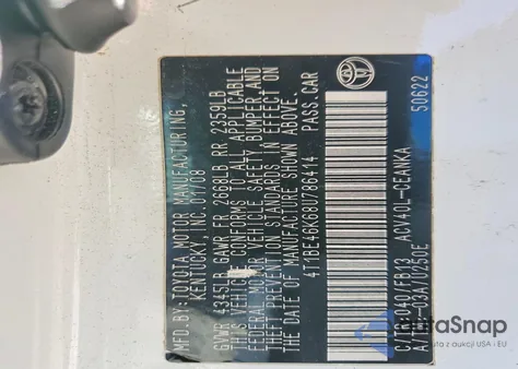 2008 Toyota Camry Ce from USA, damaged, VIN 4T1BE46K68U786414